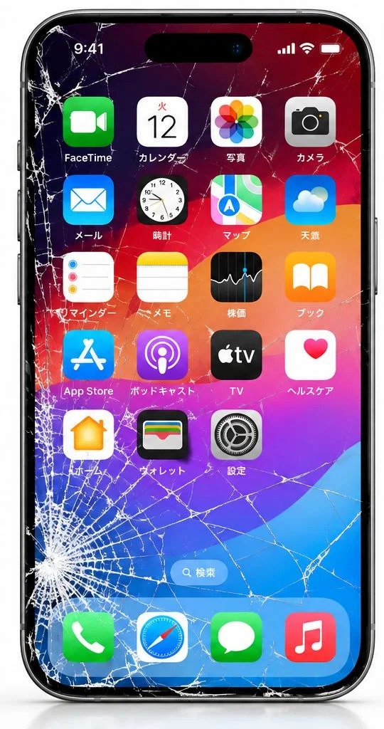 画面が割れたiPhoneと修理工具